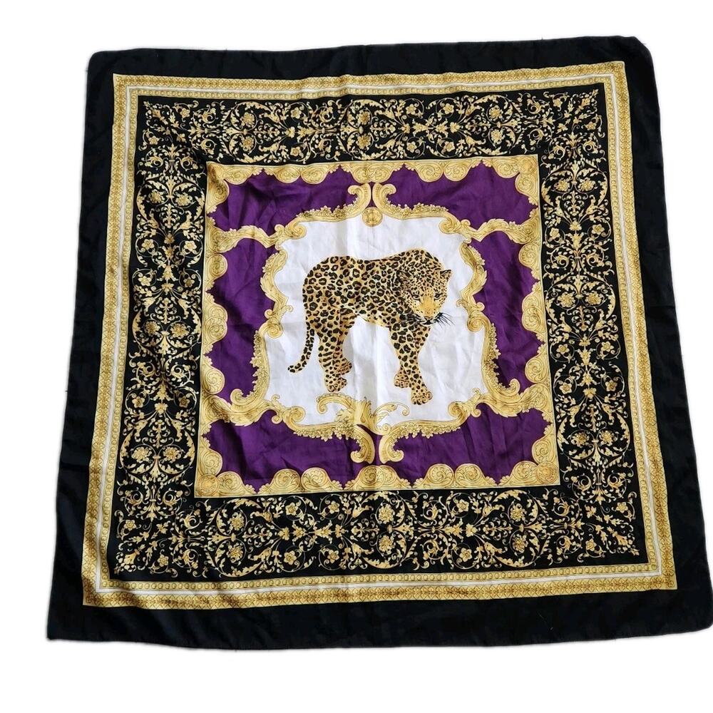 Vintage Leopard square Scarf Bold purple & Gold Baroque Design Print 34"×34" Euc